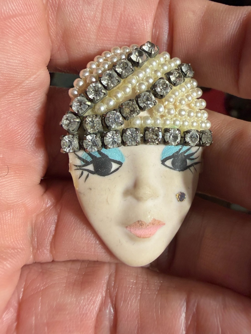 Vintage Art Deco Porcelain Rhinestone Face Flapper Brooch